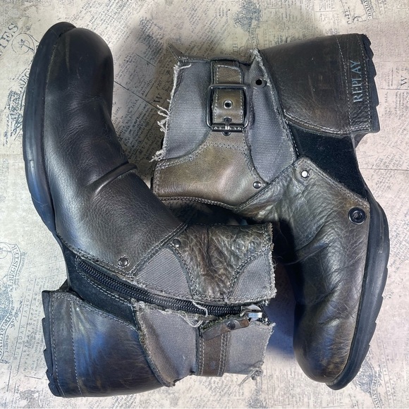 Replay Ankle Boots Zip Side Leather & Denim Deconstructed Biker Boots - Picture 6 of 13
